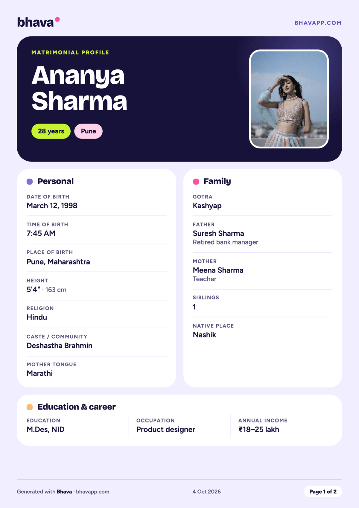 Sample profile PDF titled Matrimonial profile: Ananya Sharma, 28, Pune, with her photo, personal and family details, education and career.