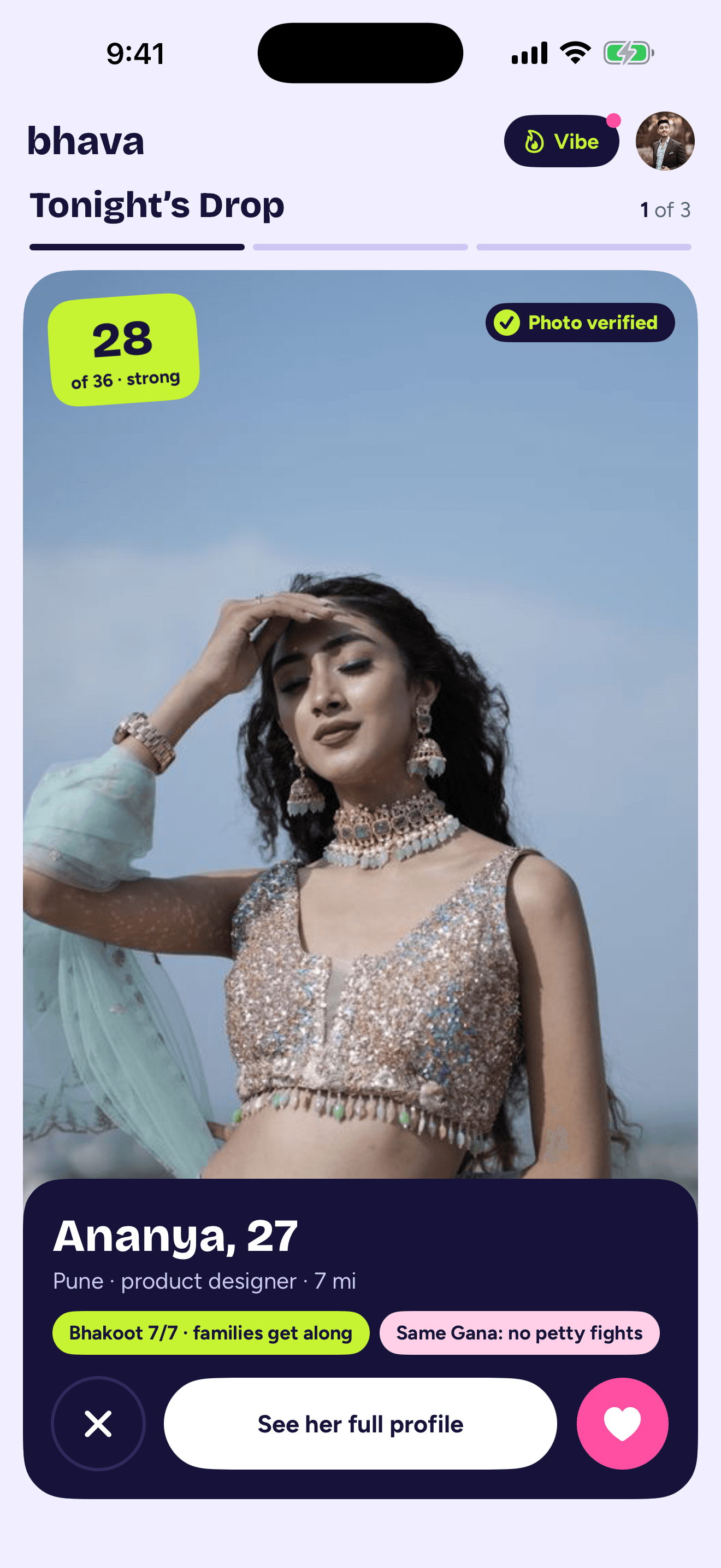 Bhava's evening Drop: a profile card for Ananya, 27, with a Kundali score of 28 out of 36 and notes on why the families would get along.